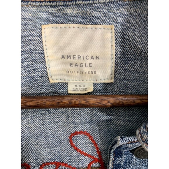 American Eagle (M) Blue Jean Denim Jacket Floral Wearable Art Distressed Pockets - Picture 2 of 16